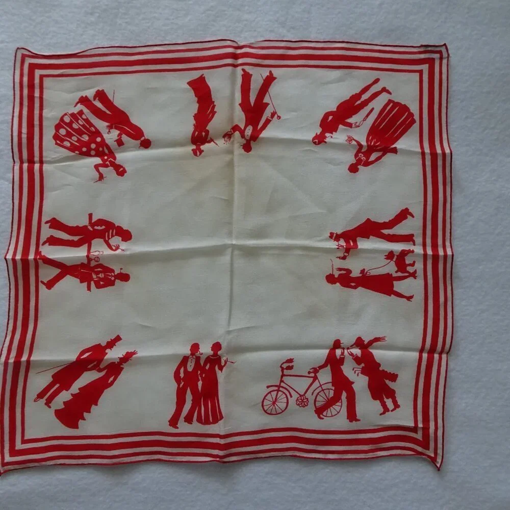 Vintage Silk Sally Gee Scarf 16 x 16 White Red Man & Woman Art Deco Theme